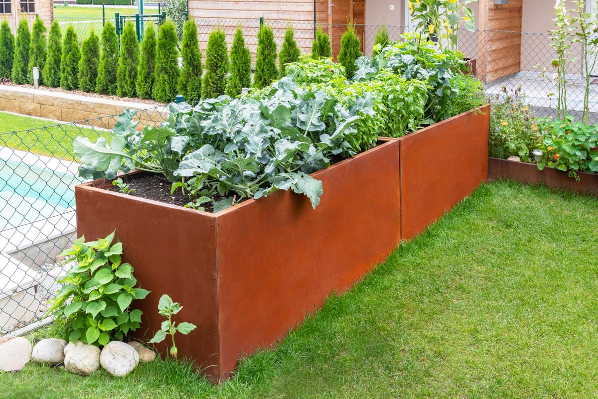meinegartenfreude-blog_Edelrost_3 Ein stabilisierter Edelrost-Pflanzkübel bepflanzt auf einer Steinterrasse